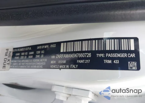 2022 Alfa Romeo Giulia Sprint Rwd from USA, damaged, VIN ZARFAMAN5N7660726